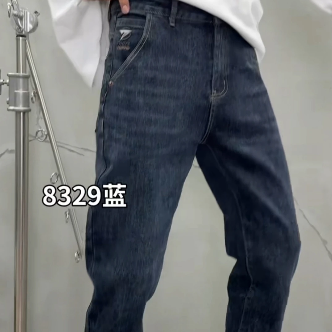 中腰立体剪裁牛仔裤加绒微弹力加厚水洗裤子薄款男