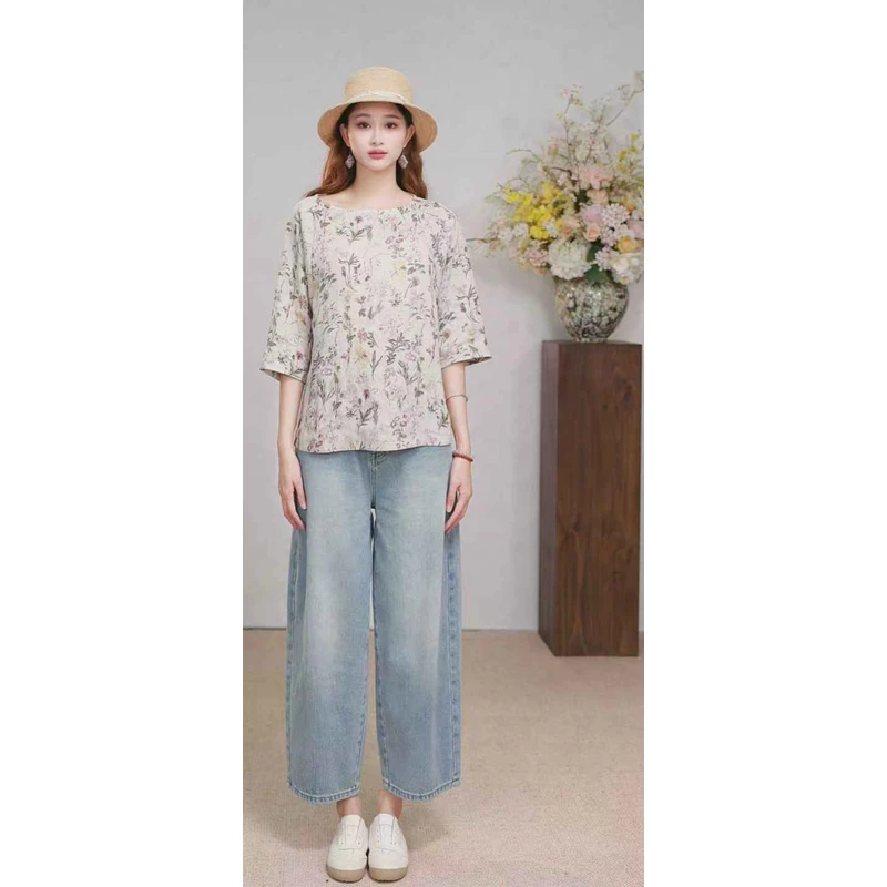 牧衣游原创 印花亚麻衬衫女新款轻薄文艺设计感宽松百搭上衣 云岫