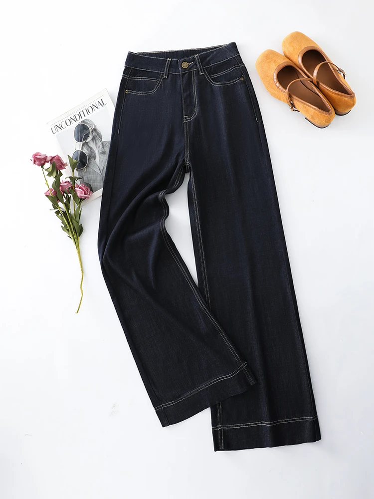 防褪色丹宁蓝莱赛尔天丝薄款高腰阔腿新版宽松微喇裤2025夏季新款