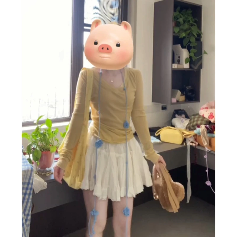 黄色V领冰丝薄款针织长袖T恤女夏季吊带外搭宽松显瘦空调罩衫上衣