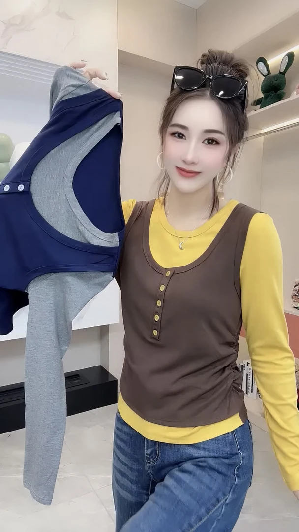 欧货高级感独特撞色长袖T恤衫女2025秋季新款洋气显瘦假两件上衣