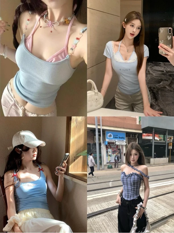 【001-043编码】蓝色系纯欲美背带胸垫单穿上衣