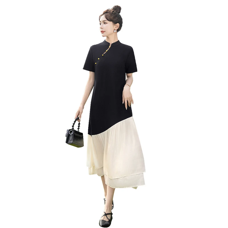 丝柏舍2025春装新款女装拼接立领中长款新中式连衣裙S51B0708L