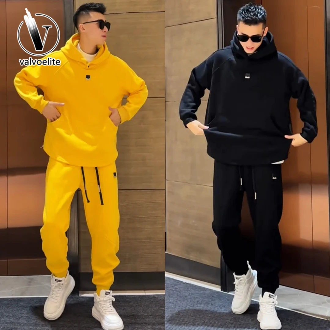 VALVOELITE秋冬加绒连帽卫衣卫裤两件套男士痞帅宽松休闲运动套装