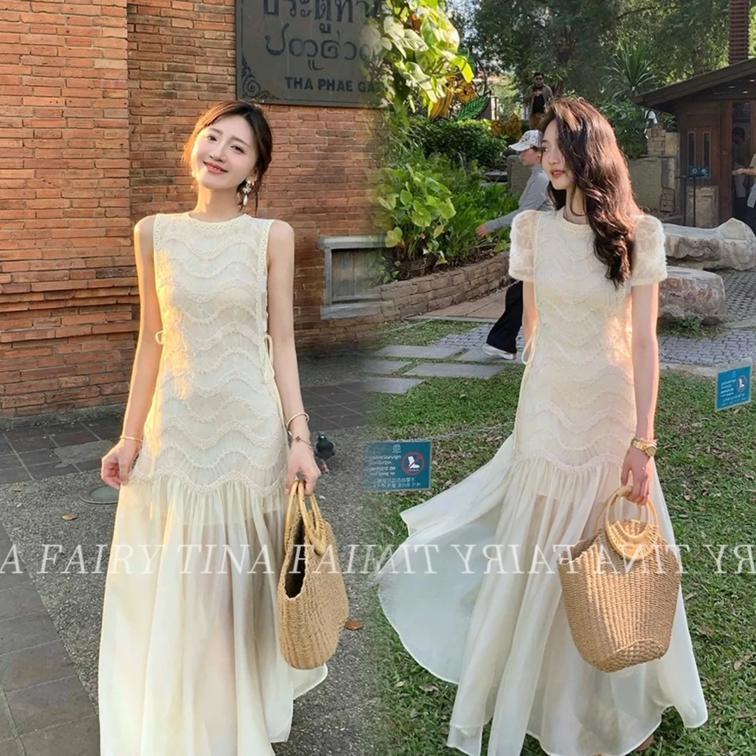 2025春季新款法式御姐风气质短袖无袖背心连衣裙女修身收腰长裙