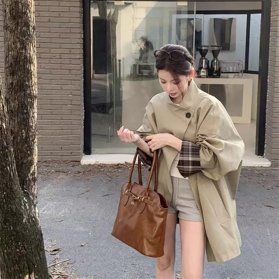 格子拼接美式风衣外套女春秋2025新款韩版宽松斗篷式气质中长款潮