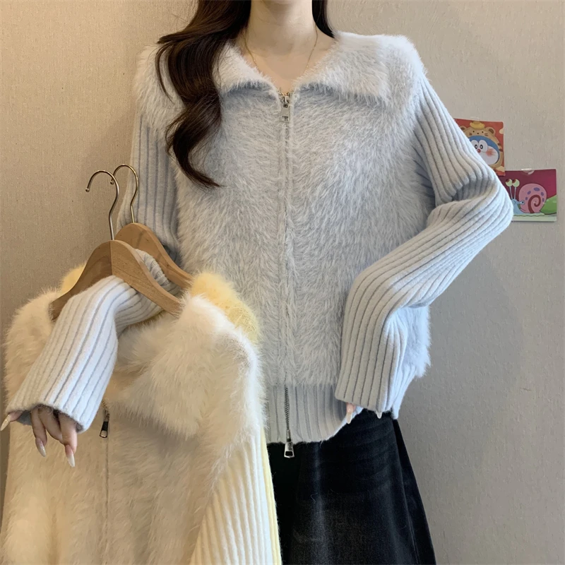 新款奶呼呼仿水貂绒翻领双拉链针织毛毛外套女宽松上衣开衫毛衣