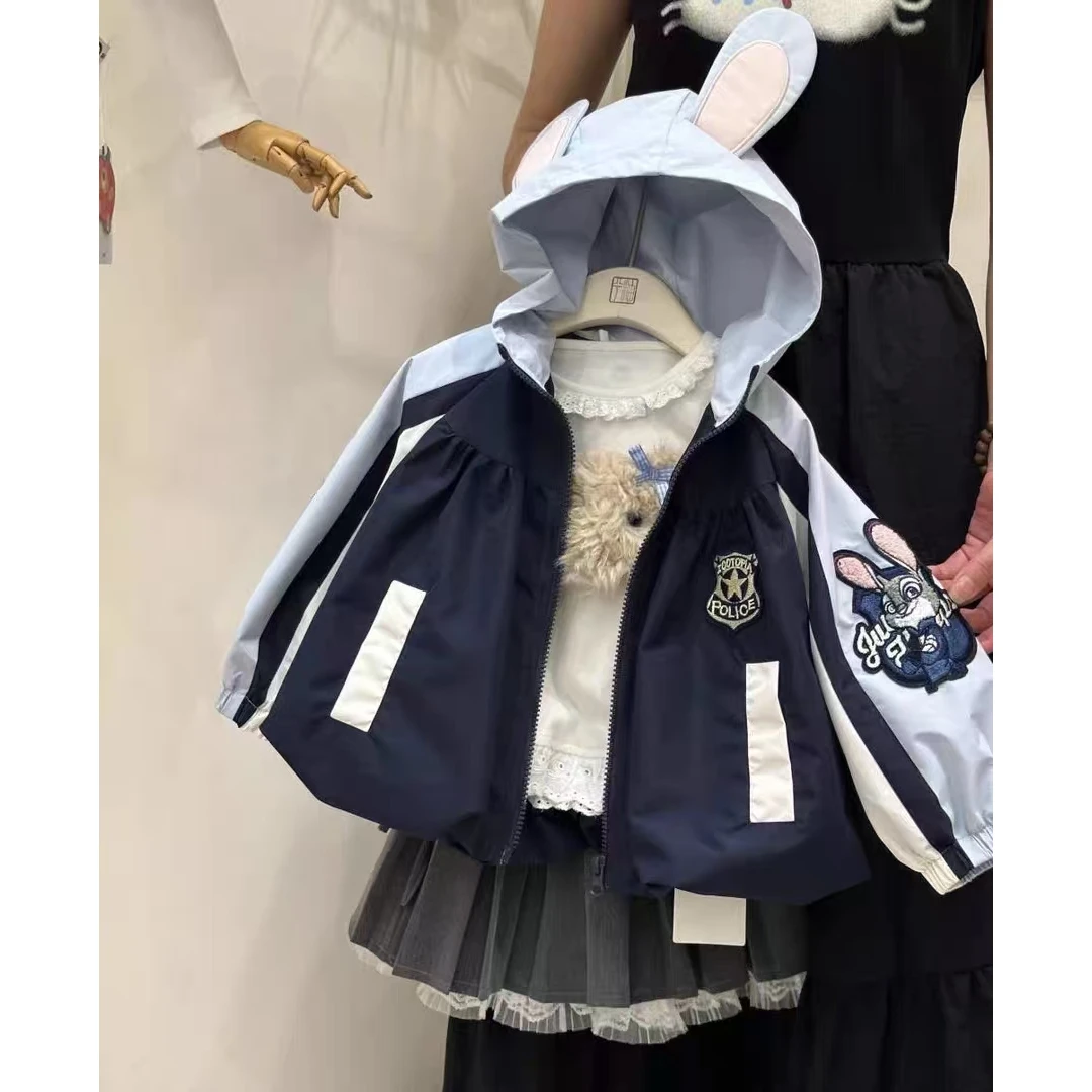54005女童外套2025秋款韩版连帽兔子警官夹克洋气拼色上衣