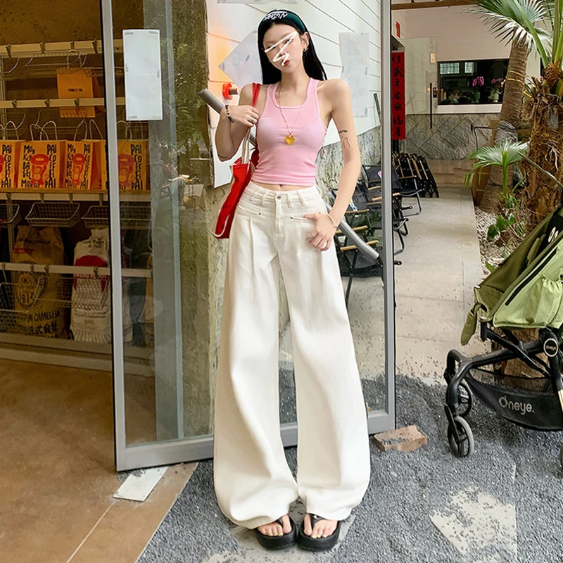 前袋褶皱设计阔腿牛仔裤女2025春夏新款美式宽松显瘦垂感拖地长裤