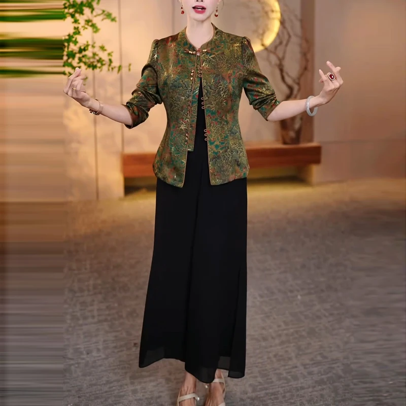 流行爆款国风时尚套装女2025年秋季新款妈妈高档气质阔腿裤两件套