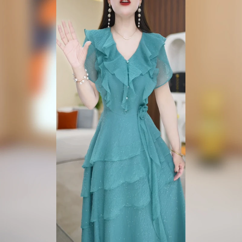 赛菲雅海边拍照绝美连衣裙2025新款荷叶边沙滩裙飘逸蓝色度假裙子