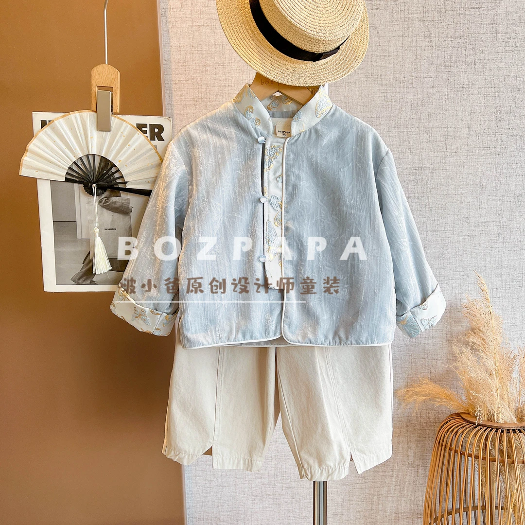 啵小爸【玉桂融雪】2025春秋季男童新中式立体刺绣国风休闲衬衫