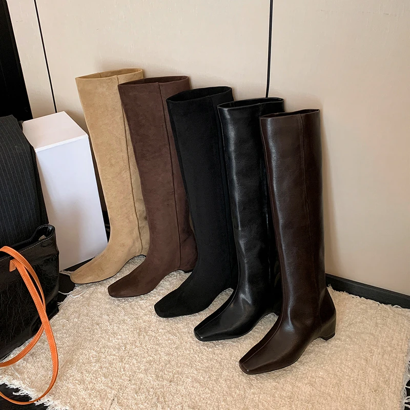PENGXIAXI时装靴时尚高跟骑士靴内增高及膝长靴宽筒瘦瘦靴真皮