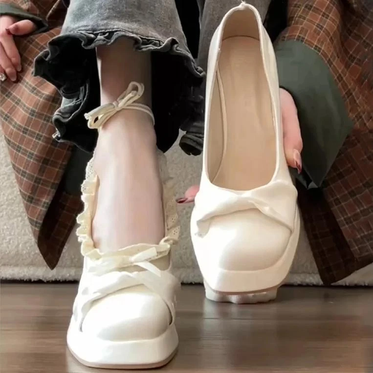 TCZE版~防水台小个子粗跟7cm高跟鞋白色玛丽珍配裙子蝴蝶结女鞋