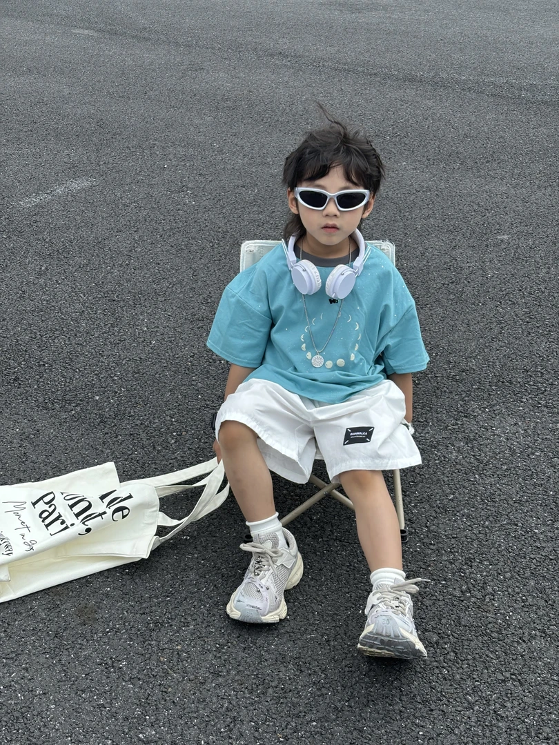 【月落星河】儿童夏季冰爽棉短袖套装百搭T恤短裤亲子韩版撒银