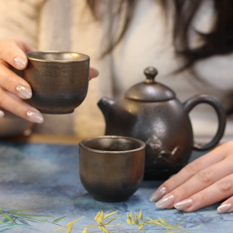 乌金玄石壶手工茶壶纯手工刻绘茶具原矿竹刻壶茶盏泡茶壶茶杯茶道