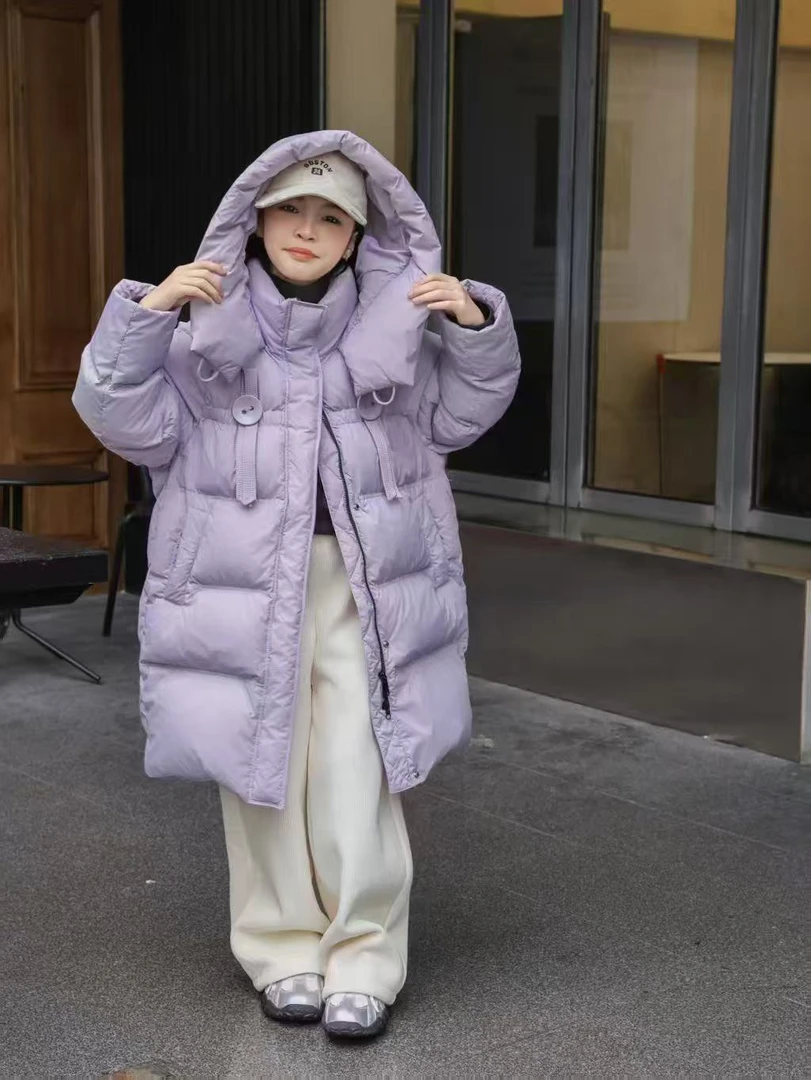 【魔法叔】【现货】连帽长款加厚纽扣韩系白鸭绒羽绒服冬款外套中大童