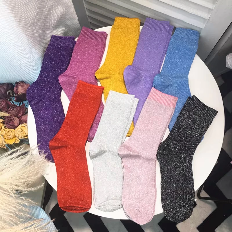 多巴胺银丝细闪高级韩国漂亮袜子女中筒ins街拍网红中筒堆堆袜女