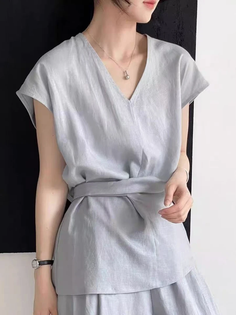高级感汉麻V领绑带收腰背心小衫显瘦阔腿裤两件时尚套装