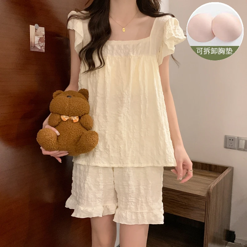 睡衣女夏季带胸垫网红爆款2025新款短袖薄款宽松家居服套装可外穿