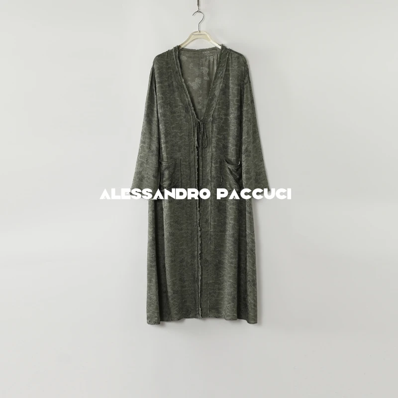 AP洛哥51052WT【山栀茶】桑蚕丝绿色提花系带门襟时尚百搭长款外套