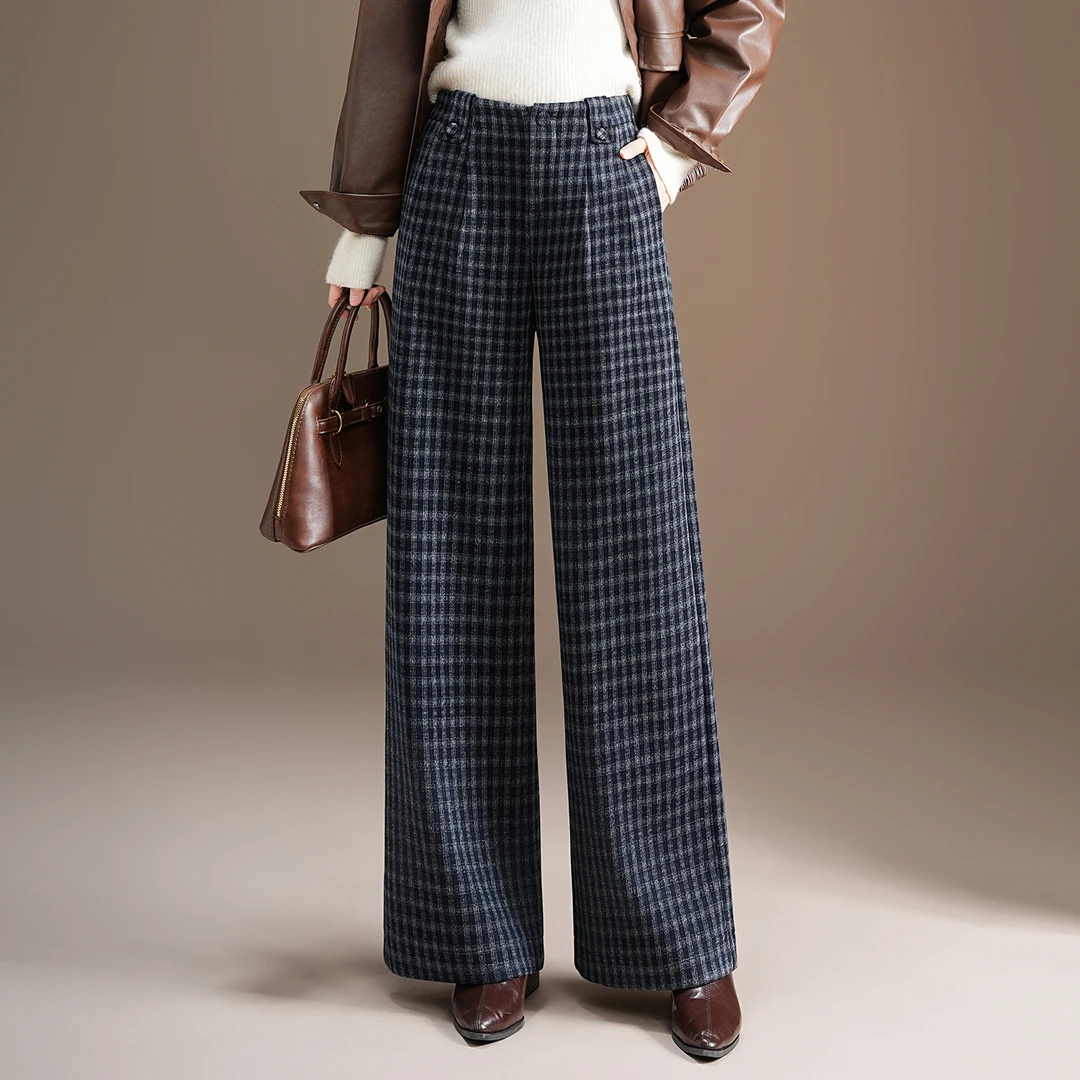 羊毛呢高腰格子直筒裤女加厚秋冬保暖垂感休闲长裤宽松显瘦阔腿裤