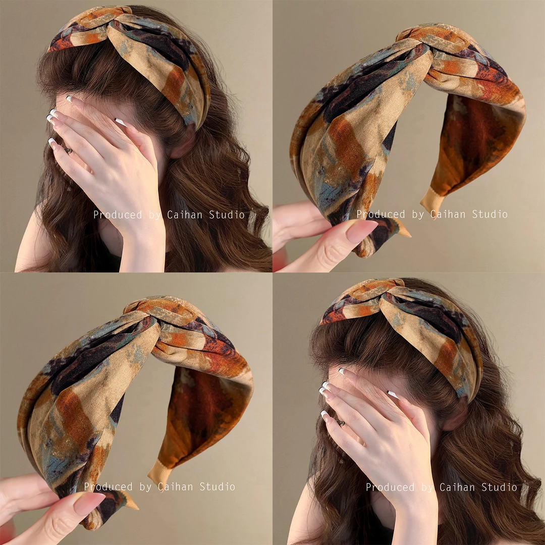 枫眠枕秋~复古油画扎染发箍女2025新款气质交叉高颅顶头箍盘发器