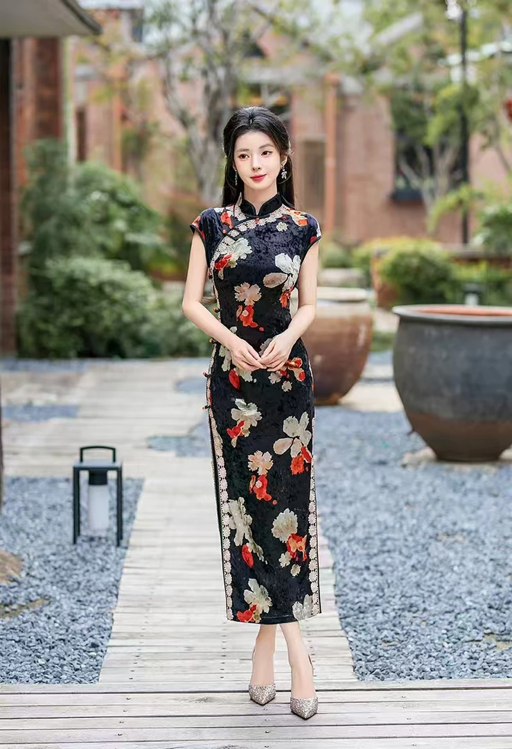 窈窕淑女 包肩袖日常气质文艺国风复古优雅长款旗袍