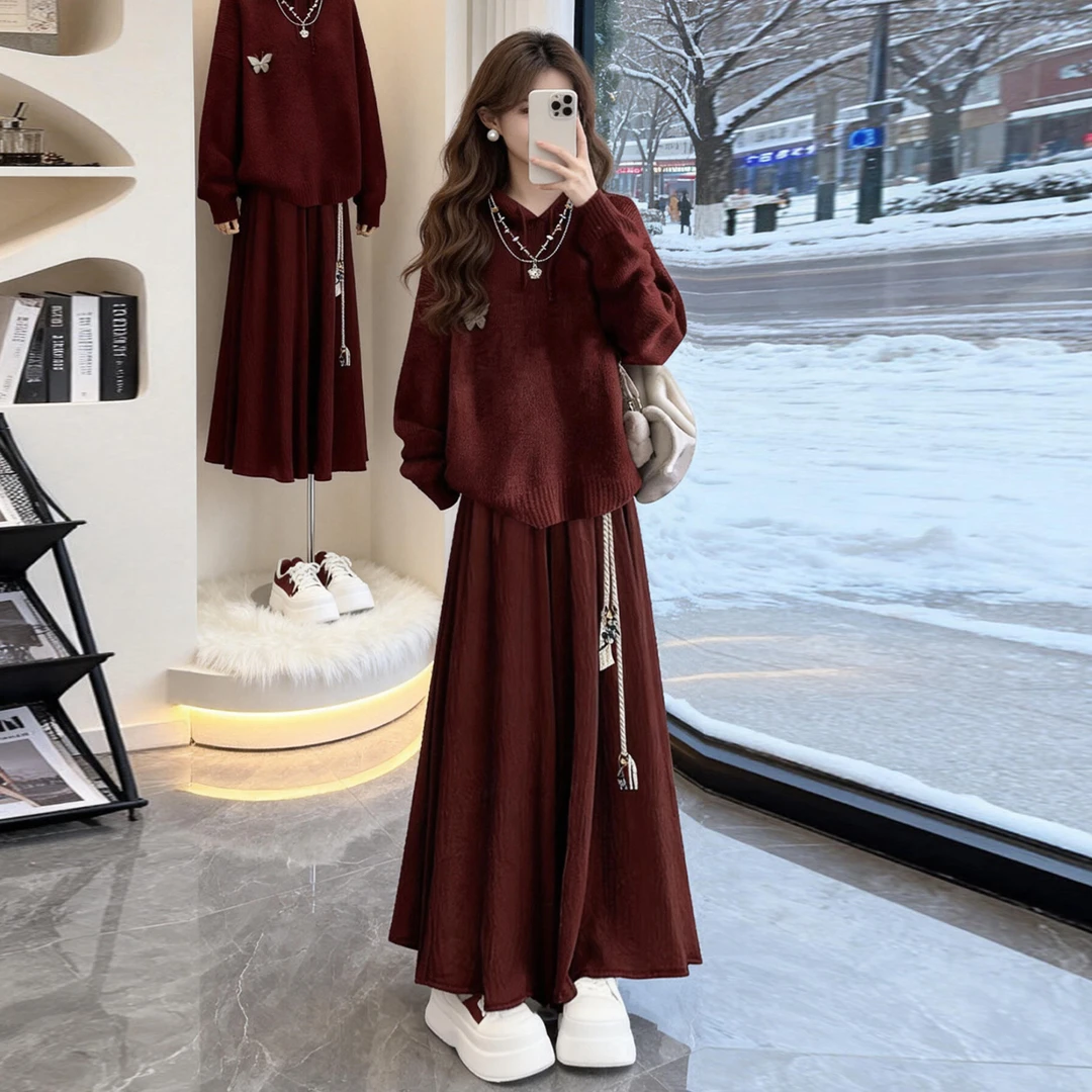新年穿搭红色毛衣连衣裙女秋冬2026新款巨好看穿搭一整套长裙套装