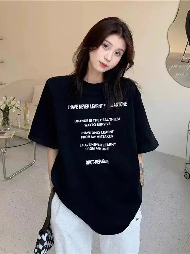 韩版bf风纯棉重磅短袖T恤女夏季慵懒风小众字母印花宽松街舞上衣