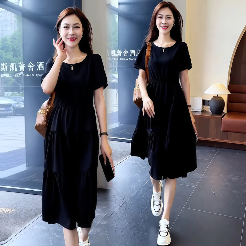 高级感荷叶边拼接连衣裙女2025年夏季新款韩版时髦收腰显瘦裙子潮