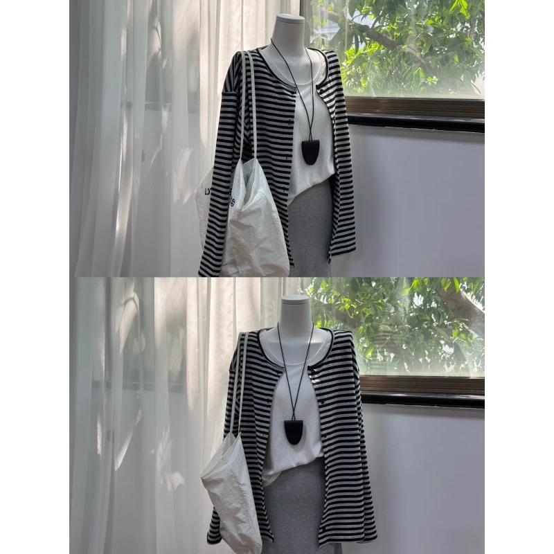 95棉条纹长款宽松高级感外套显瘦长袖开衫女