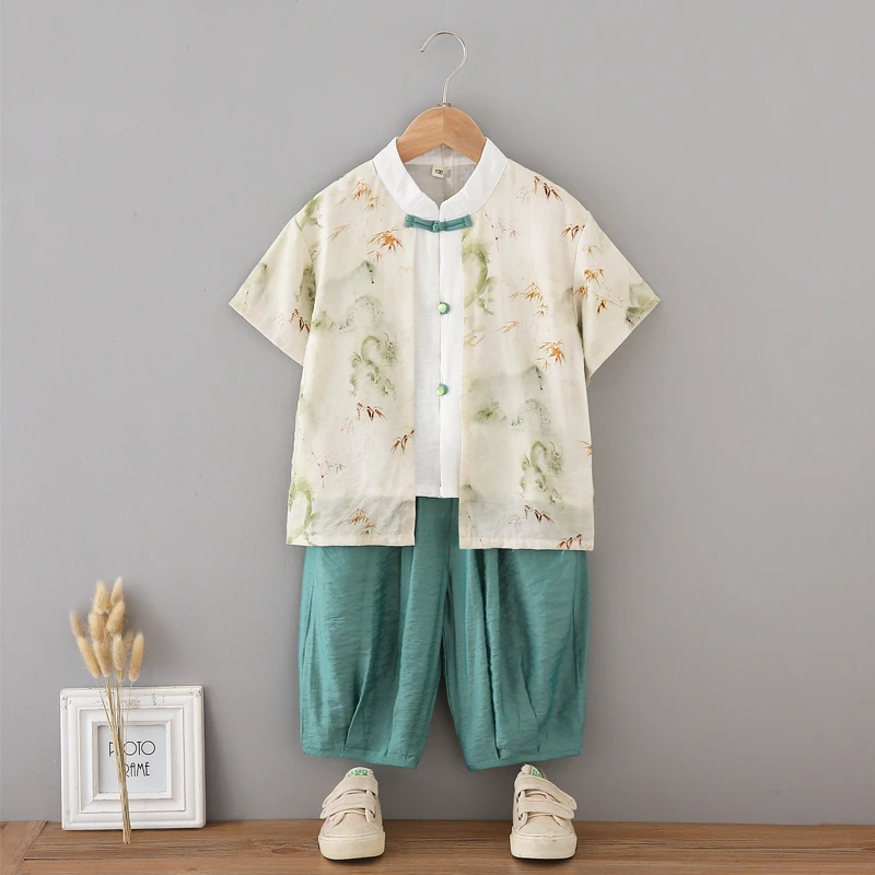 男童汉服短袖套装夏季2025新款儿童夏装新中式唐装男孩国风演出服