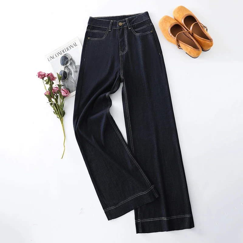 防褪色丹宁蓝莱赛尔天丝薄款高腰阔腿新版宽松1.5米小个子裤子