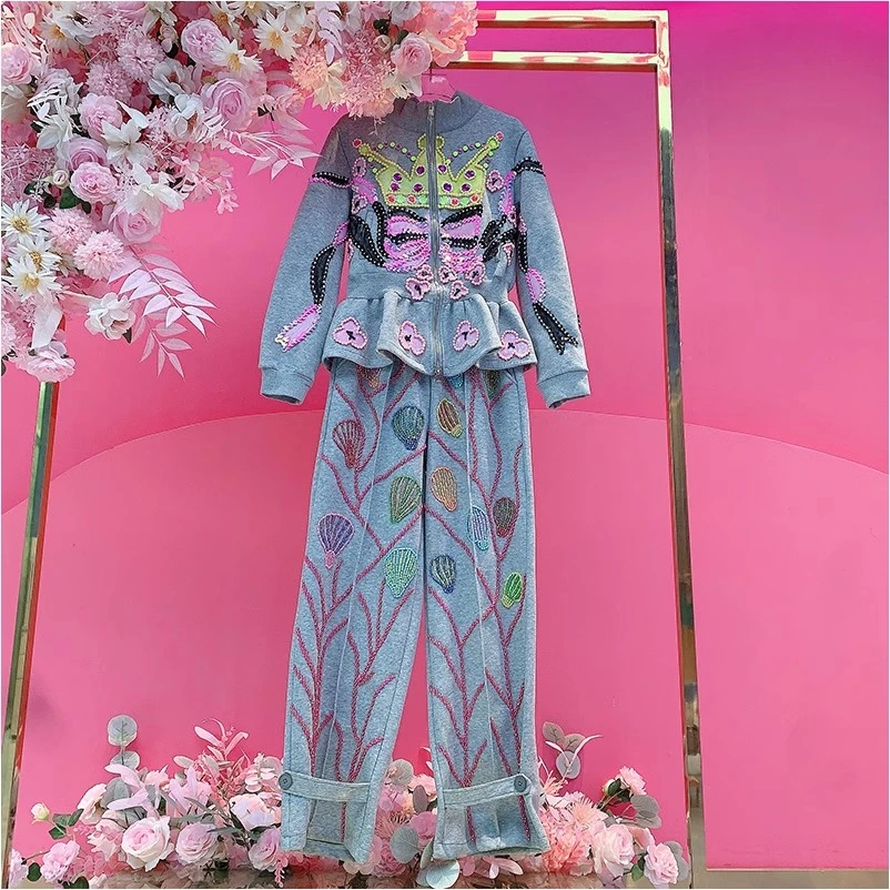 QD1198欧美设计师2025早春新款重工彩色钉珠刺绣休闲套装