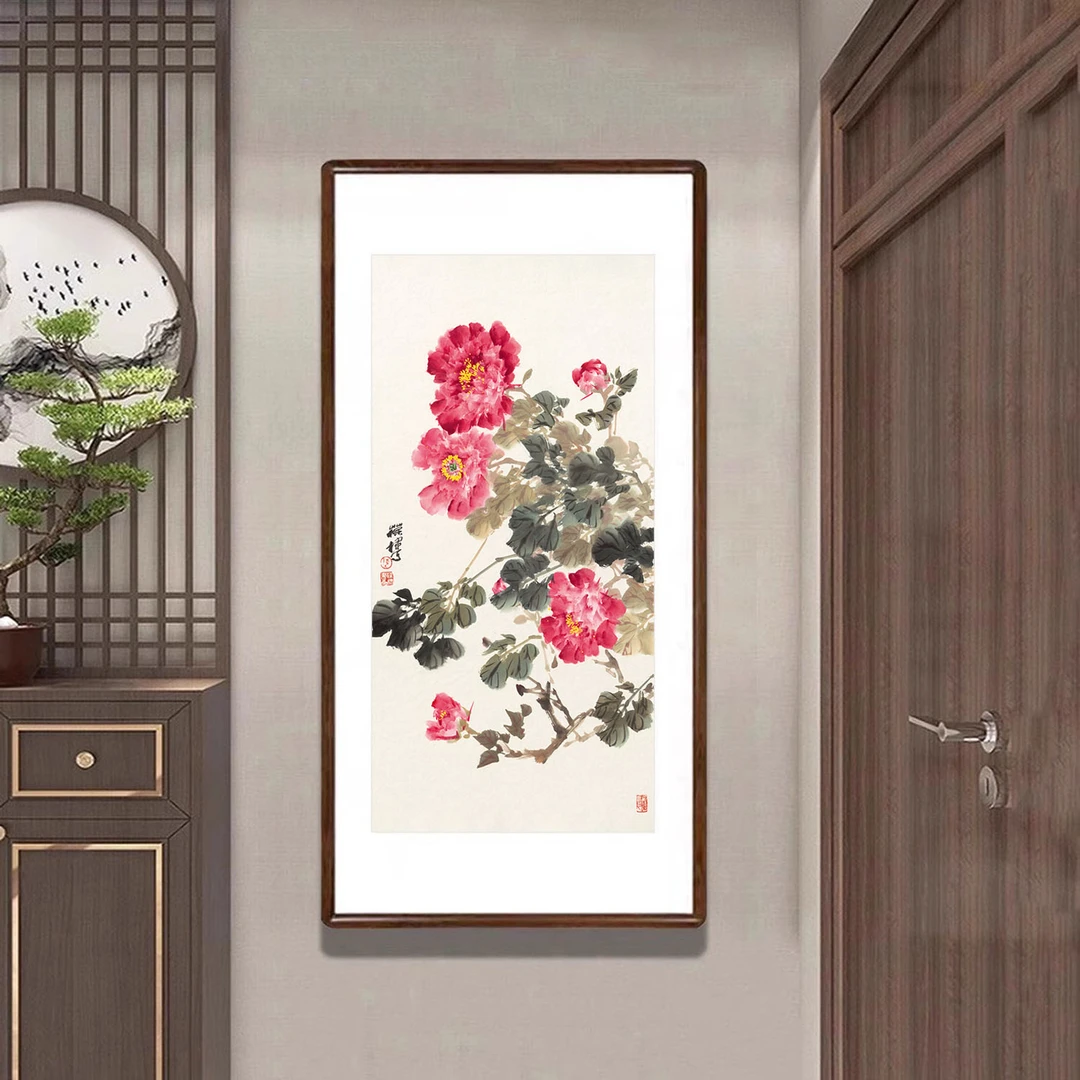 牡丹花挂画花开富贵国画新中式客厅正对门玄关装饰画餐厅卧室壁画