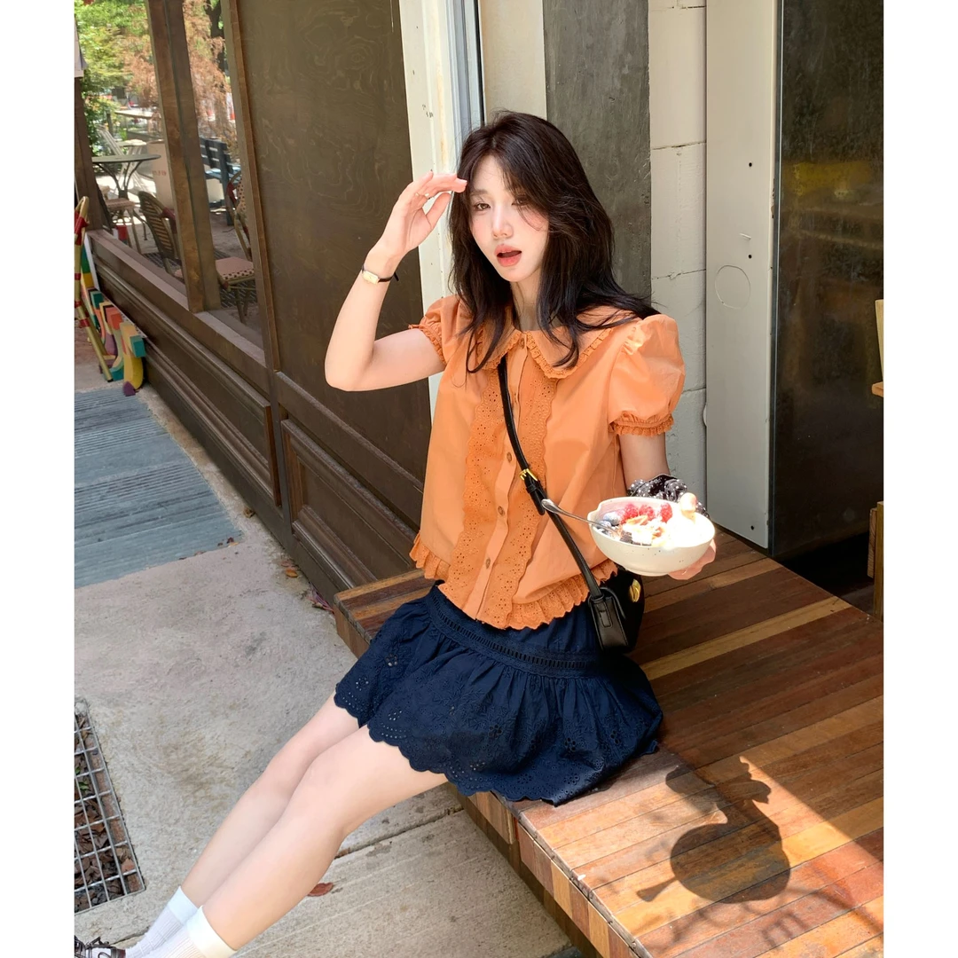 Berry 喜你而欢大庞定制 藏青刺绣花边高腰短裙显瘦百搭a字半身裙