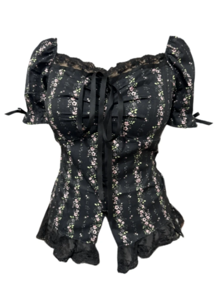 【Amy家】微胖mm纯欲风性感蕾丝拼接衬衫女夏季设计感一字肩上衣