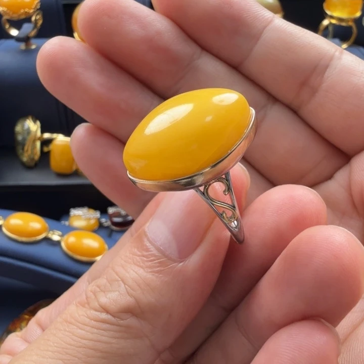 蜜蜡银S925镀金镶嵌戒指