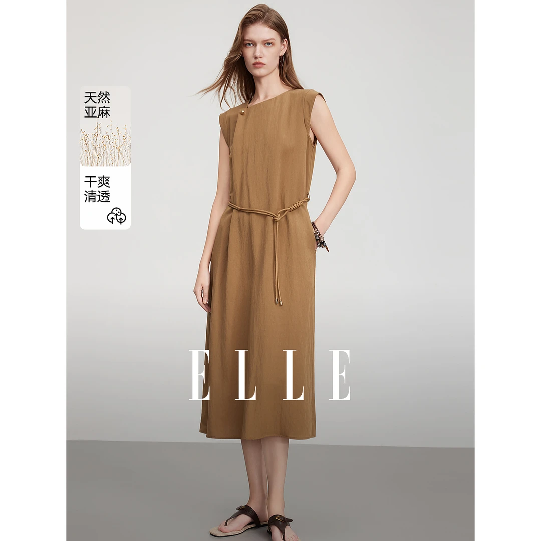 ELLE法式显瘦亚麻无袖连衣裙女2025夏季新款宽松休闲裙子EL50984