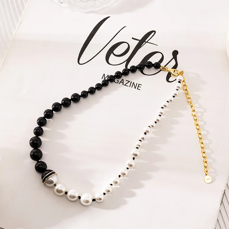 吊坠925银珐琅 甲状腺术后遮疤整围手工情侣强光时尚黑白配珠长链