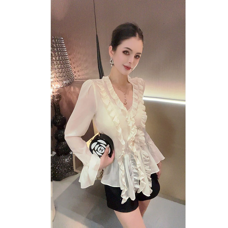 （特价）V领纱纱花边防晒衬衫CS30481