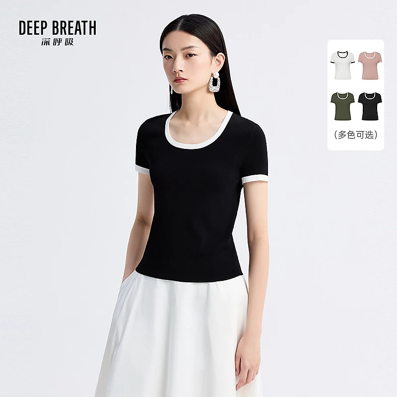 DEEP BREATH深呼吸女装U领拼色修身气质简约短袖针织上衣A301917