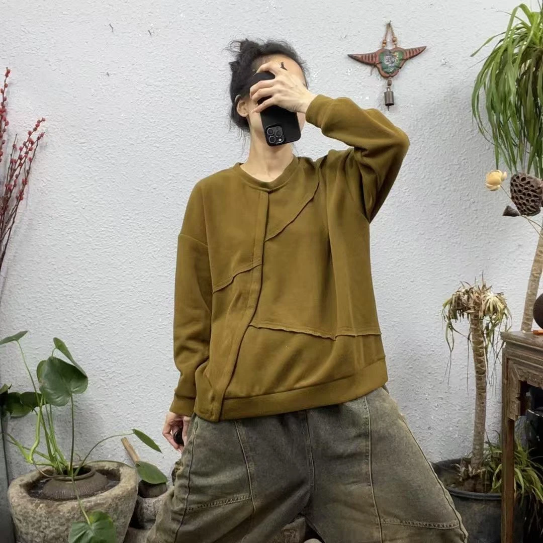 1026斜襟外拼接不封边水洗做旧圆领卫衣上衣（长62胸围134