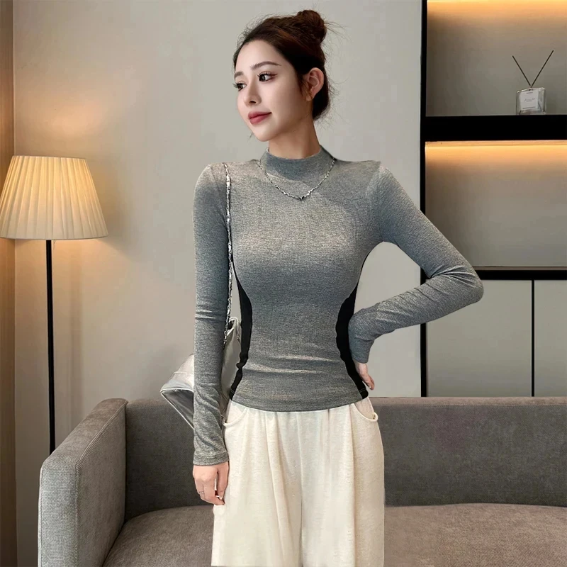 暗灰色正肩半高领撞色打底衫女修身内搭显瘦沙漏腰设计感拼接长袖