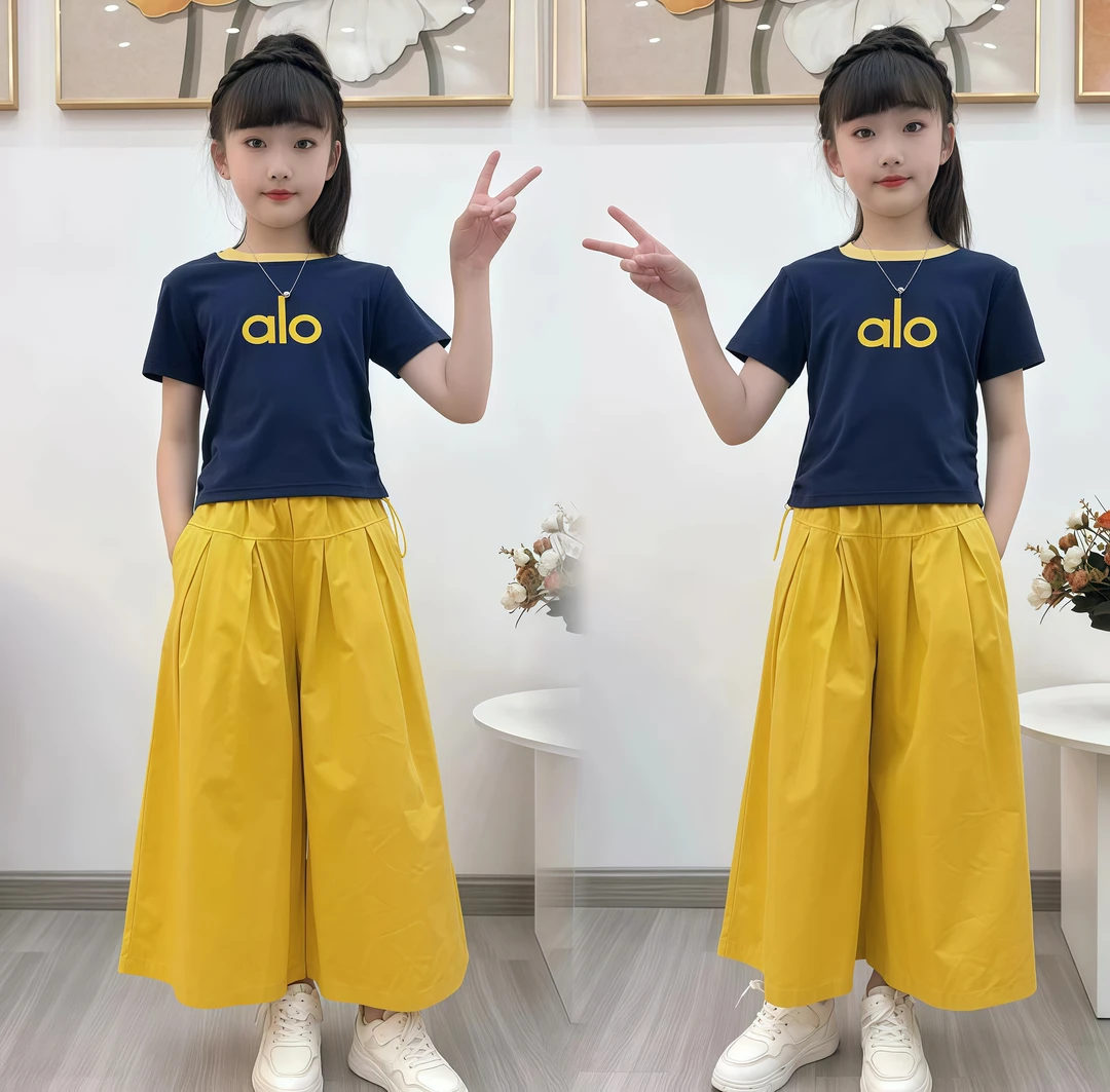 女童套装2025夏季新款韩版休闲洋气短袖大童女孩九分阔腿裤两件套