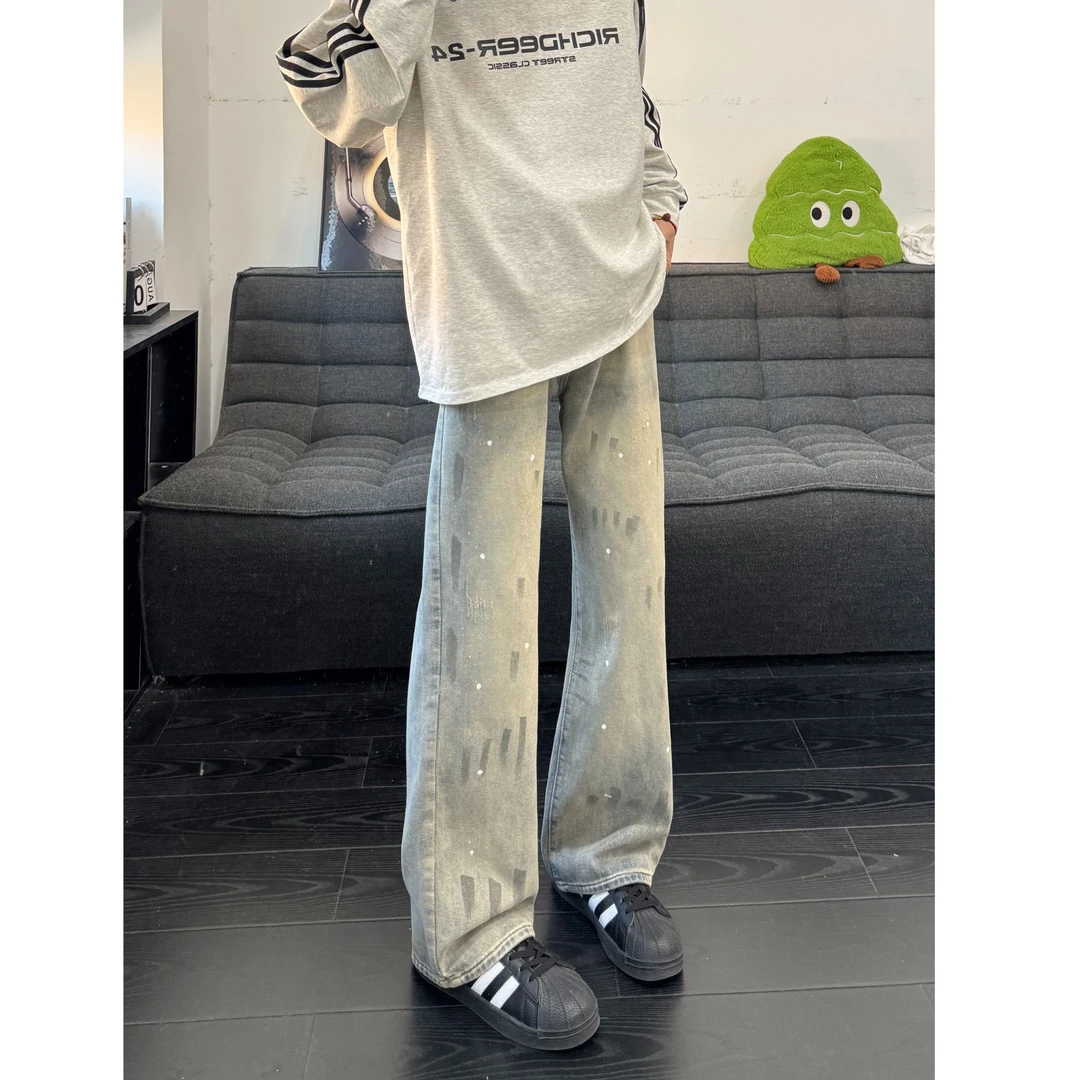 泼墨猫爪痕水洗牛仔裤男款秋冬美式vintage扎染裤子显瘦直筒长裤
