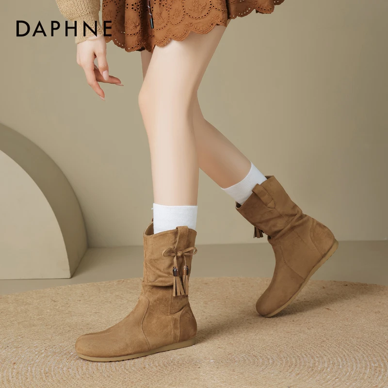 达芙妮网红爆款美拉德风堆堆靴女款2025秋季西部牛仔靴短靴马丁靴