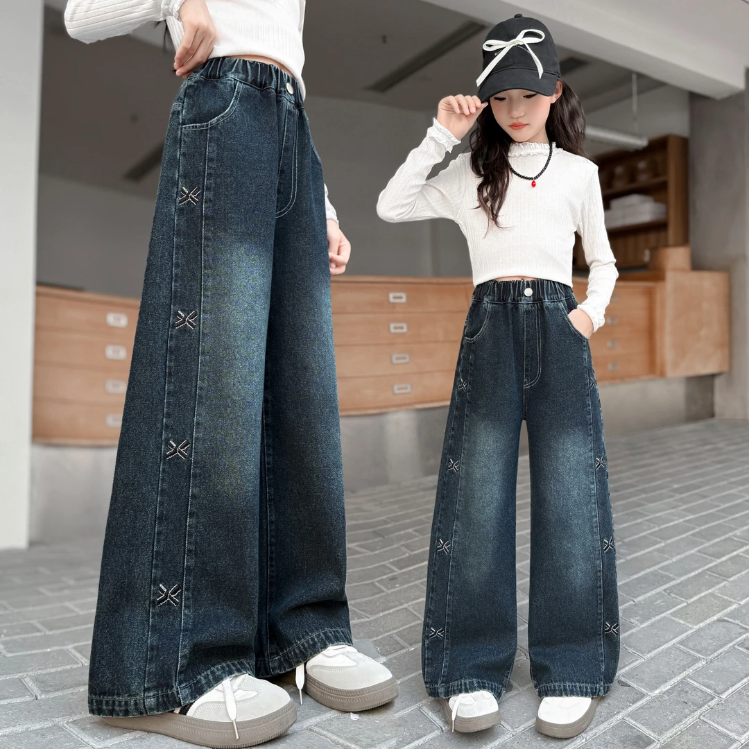女童牛仔裤春秋新款裤子洋气儿童韩版高腰直筒裤中大童宽松阔腿裤