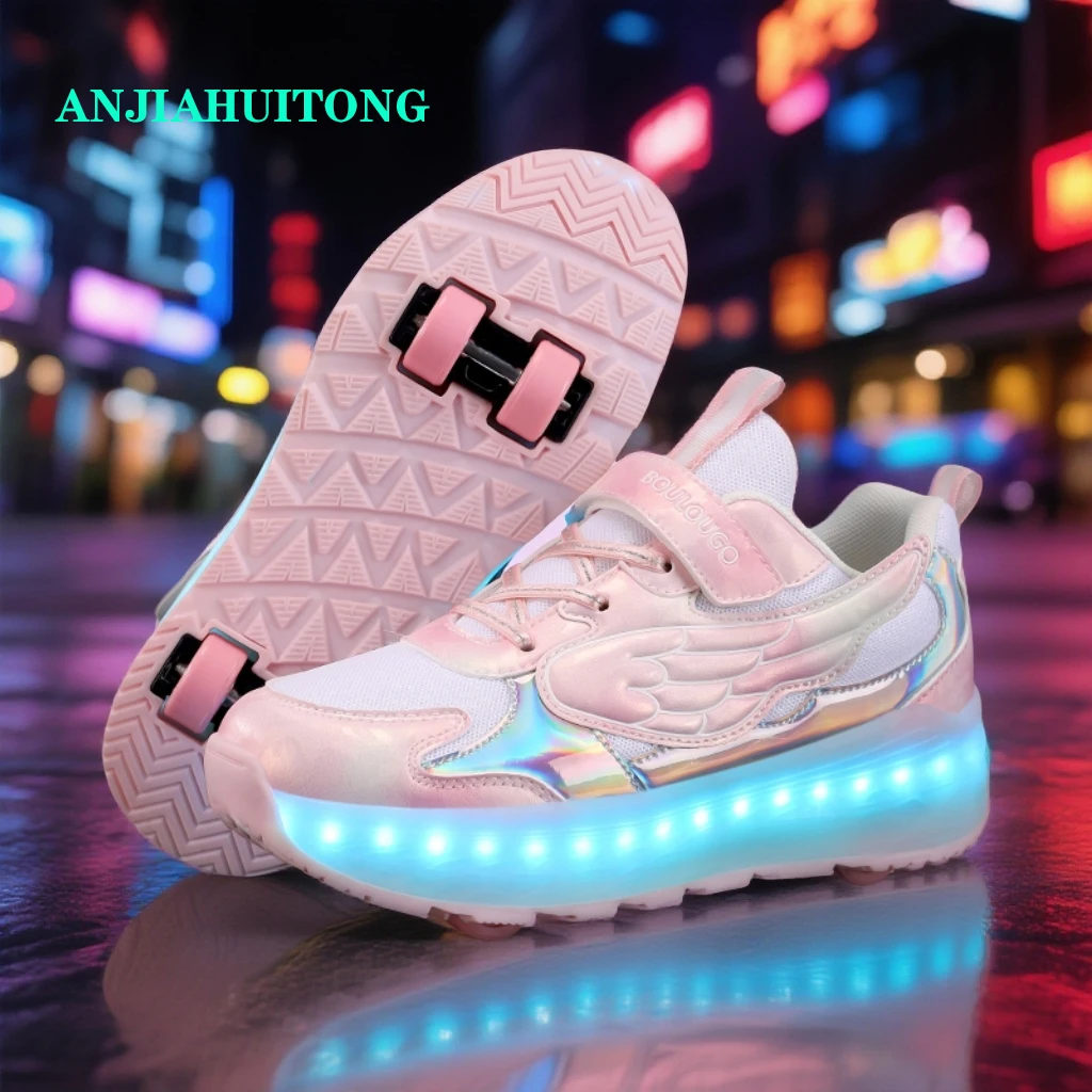 四轮可收缩童鞋暴走鞋男童女童6-12岁男孩暴走鞋带灯秋冬款轮滑鞋